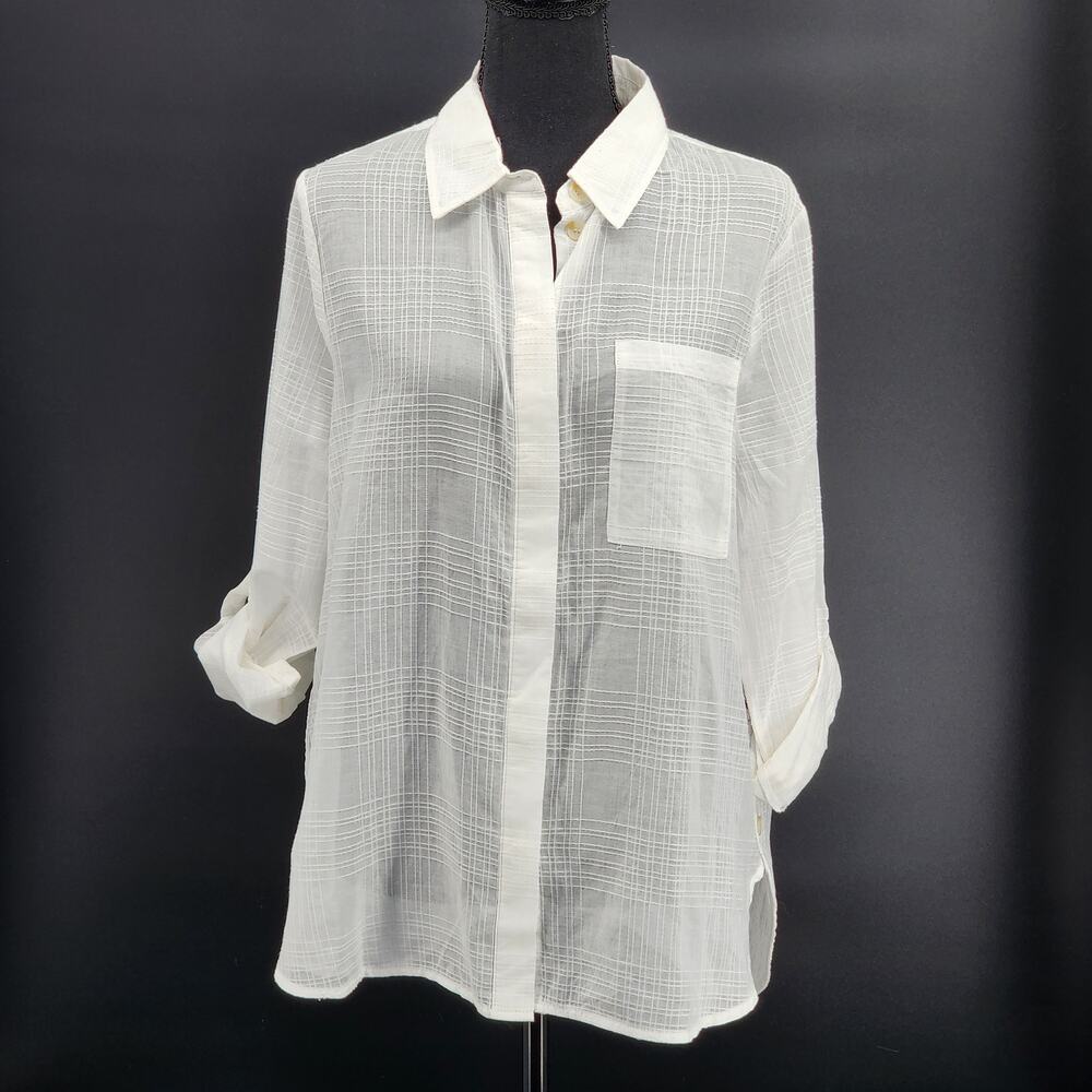 Daily Thread White Plaid Sheer Button Down Roll Tab Sleeve Blouse NWT Size M